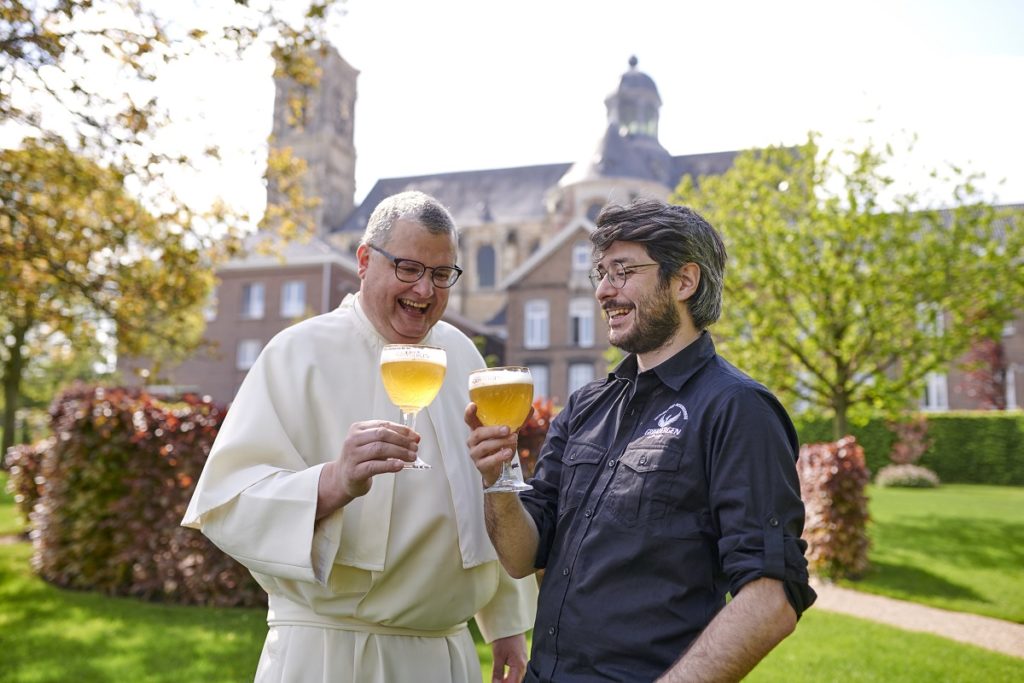 Grimbergen launch - Fr Karel and MAS outside abbey